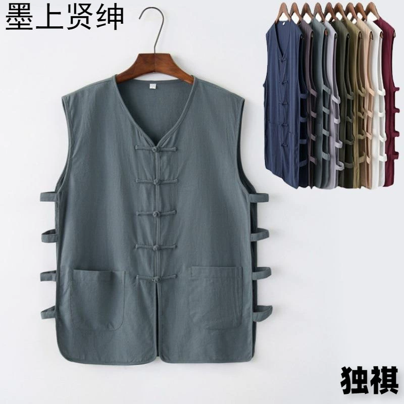 Летний мужской жилет повседневный жилет хлопок льна ретро пряжка большой размер мужской стиль национальный стиль завод оптом