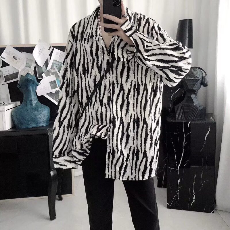 Wholesale Casual Leopard Print Striped Shirt for Men, Trendy Loose Long-Sleeve Shirt for Layering under Suits, Nightclub Hairstylist Shirt
