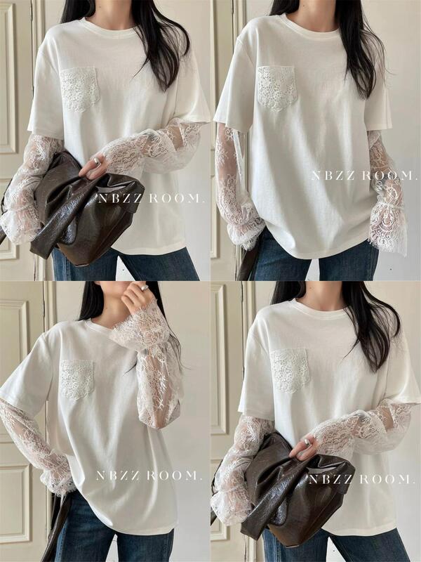 2025 Spring and Summer/"95% Cotton" Casual Age-Reducing Splicing Lace Long-Sleeved T-Shirt Women's Fashionable Fake Two-Piece Top Trendy