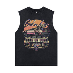 TKPA American Retro West Coast Hip-Hop Print Washed Distressed Cut-Sleeve Backless Top Men's Ins Vintage Sleeveless T-Shirt