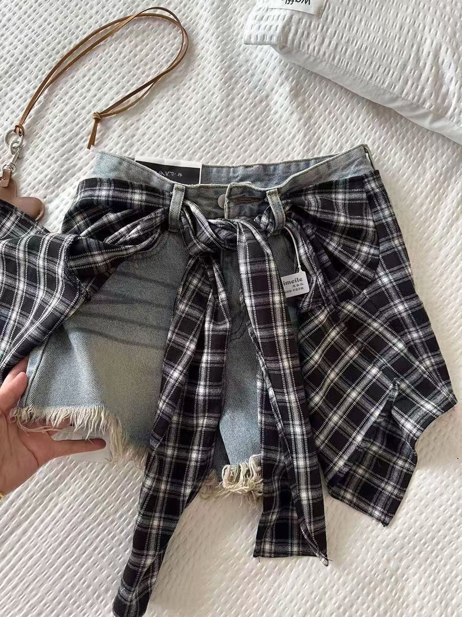 2025夏季新款美式做旧叠穿高腰毛边牛仔短裤格子屁帘设计两件套潮