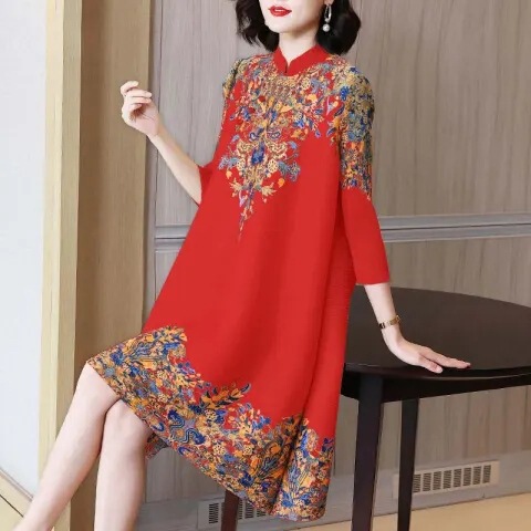 National style retro improved cheongsam dress New style spring and summer temperament Chinese mother large size women's middle dress