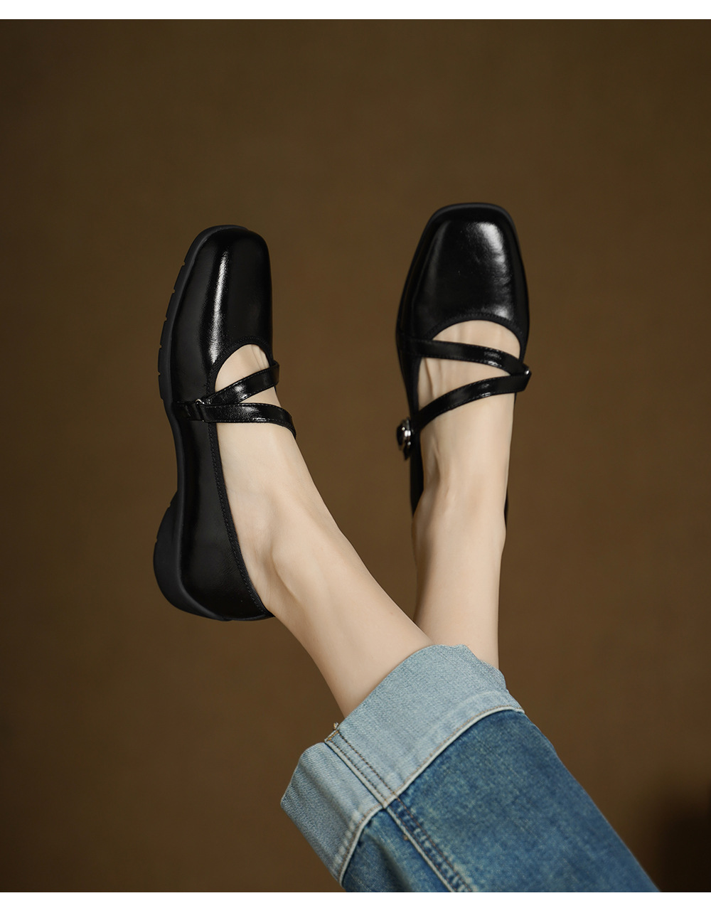 Giày Mary Jane nữ da cừu miệng nông đế bệt phong cách học sinh quai ngang khóa Velcro — đen chi tiết 10