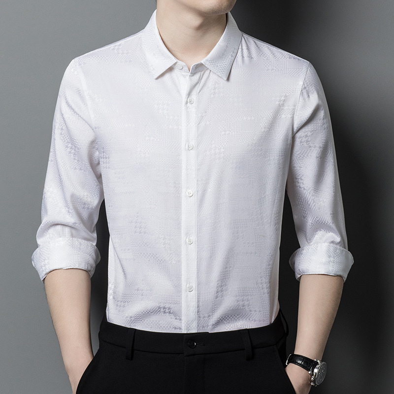 Áo sơ mi nam dài tay lụa tơ tằm cao cấp họa tiết jacquard không cần ủi — CS13 trắng