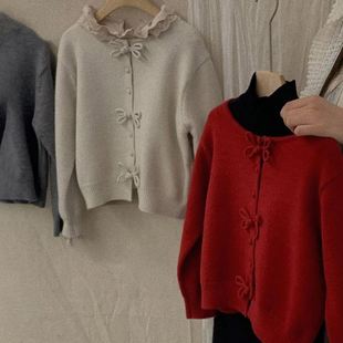 Girls' Chinese-style Buckle Sweater Cardigan Little Girl's Retro Design Bow Lazy Style Knitwear 2024 Autumn