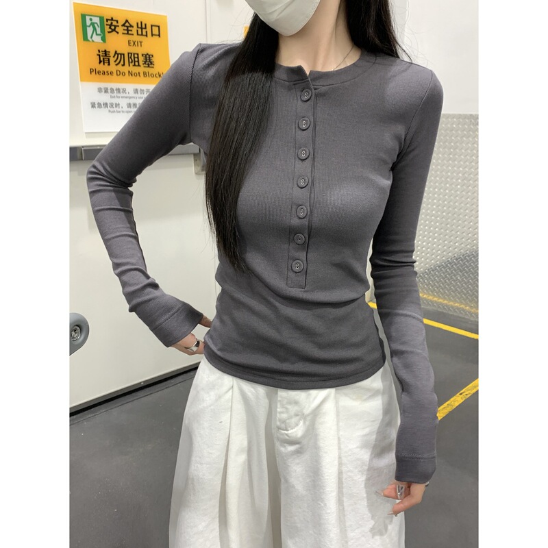 实拍早秋韩版设计感单排扣圆领修身显瘦通勤百搭长袖T恤上衣88350|undefined