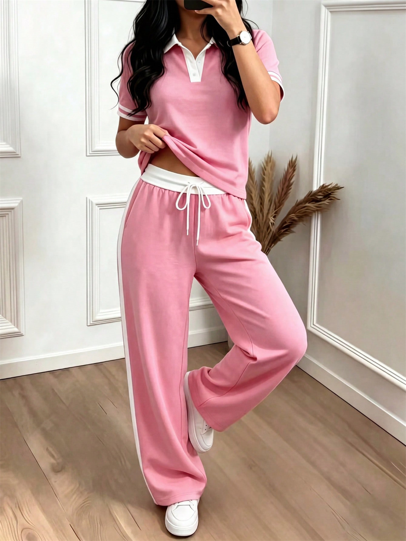 Women's Casual Color Block Polo Neck Top with Striped High-Waisted Drawstring Trousers Set Comfortable Summer Pant Set_ecoleips.com