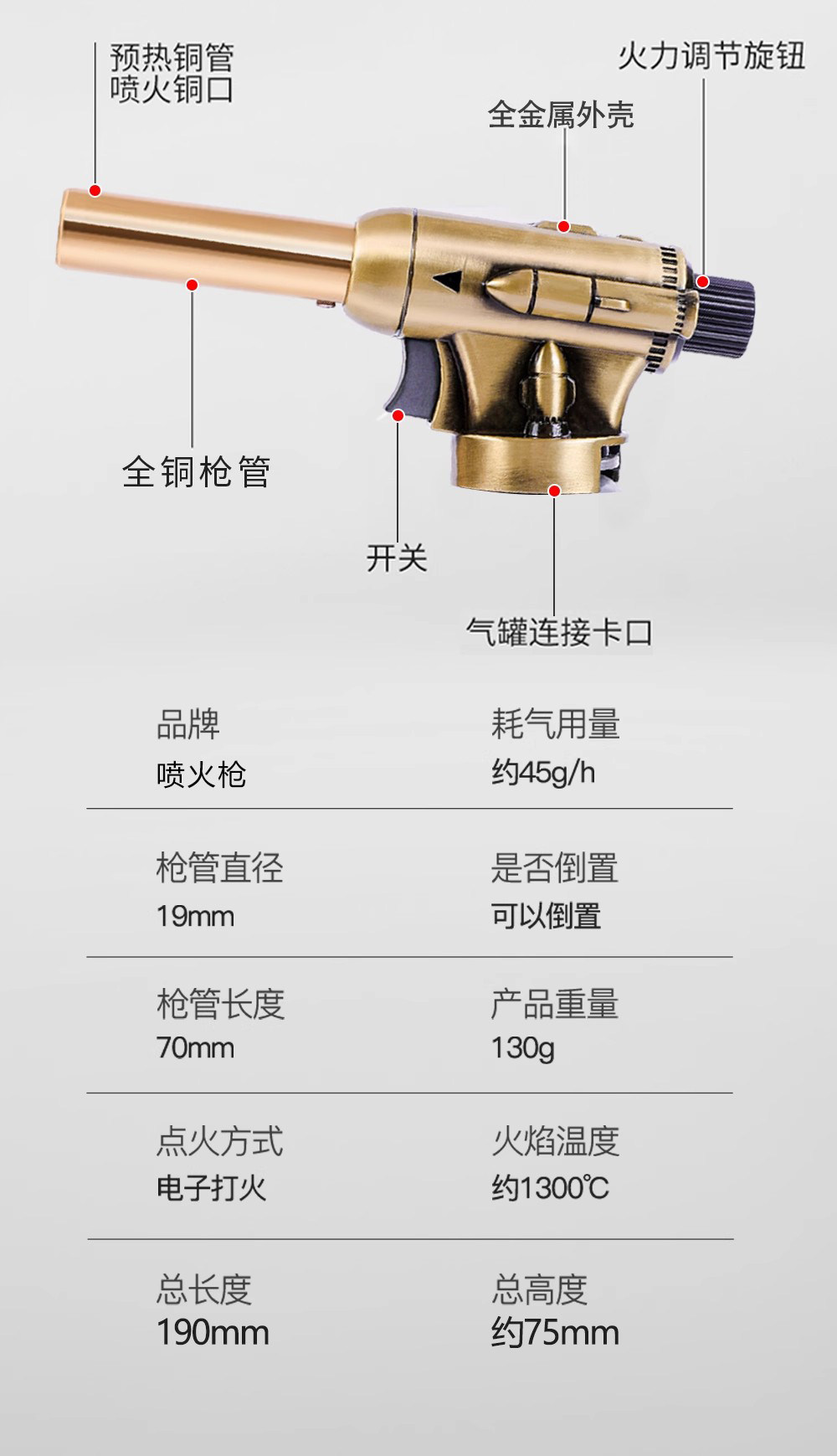 Gas torch for home use, metal flame gun for roasting meat, handheld gas torch, welding torch, flame gun head, baking torch