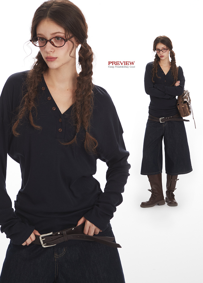 HeyHenry Women's V Neck Slim Fit Long Sleeve T-Shirt Designer Fashion for Autumn Suitable for Inner Layers_ecoleips.com
