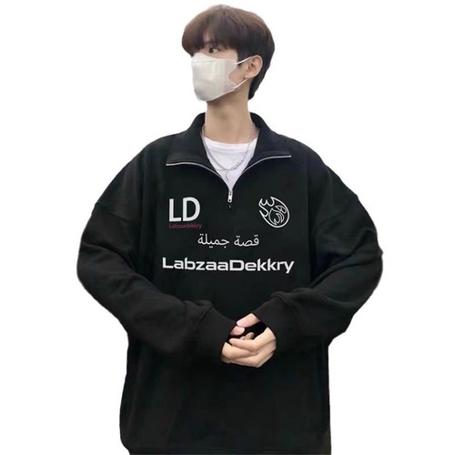 Oversize brand letter print half-zip hoodie for men, autumn and winter functional style, couple's black turtleneck jacket