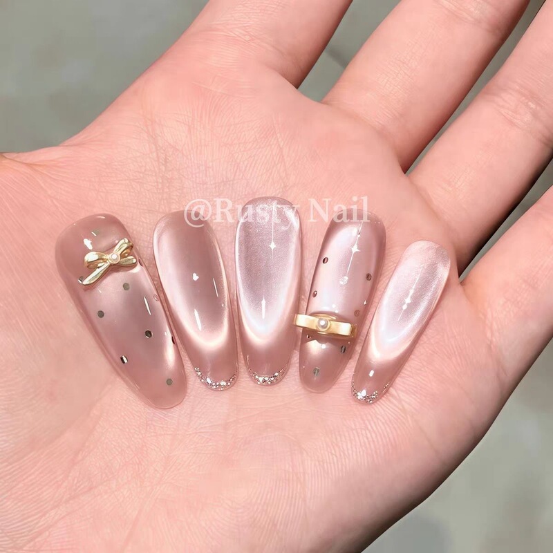 【Golden Girl】Pure Desire Polka Dot Cat Eye Bowknot Handmade Wearable Nails High-End Nail Art Stickers