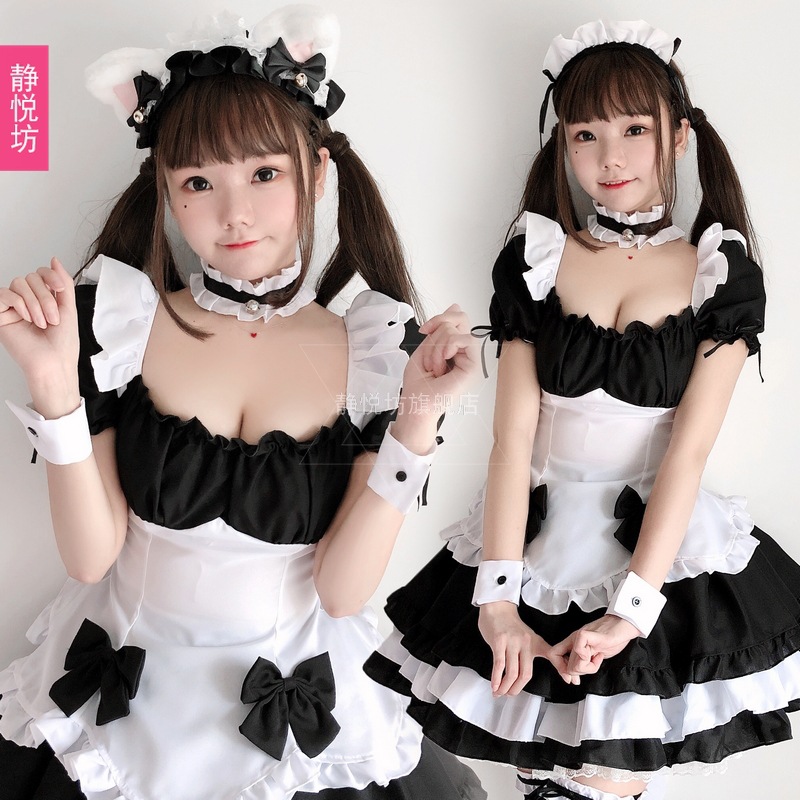 Black and white maid outfit cute cat woman cosplay sexy game play uniform maid dress Lolita dress