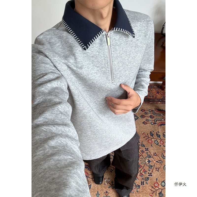 T-shirt couple outfit, polo shirt, men's zip-up sweatshirt, loose fit, half-sleeve, 2026 Seagull style, trendy, plus size, new long-sleeve design