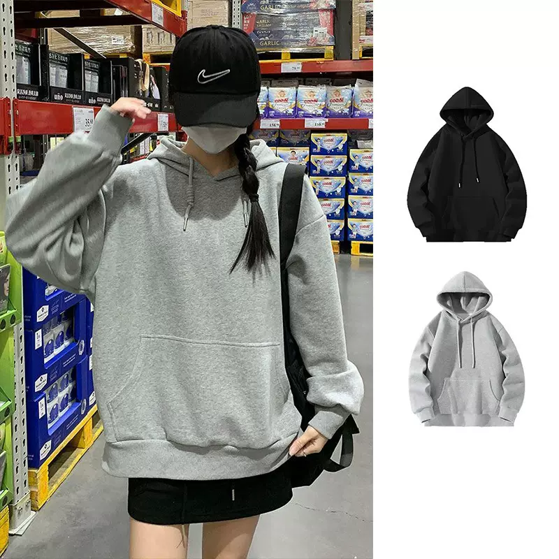 匠一跨境 灰色加绒连帽卫衣女 2025早秋新款慵懒风宽松情侣外套潮