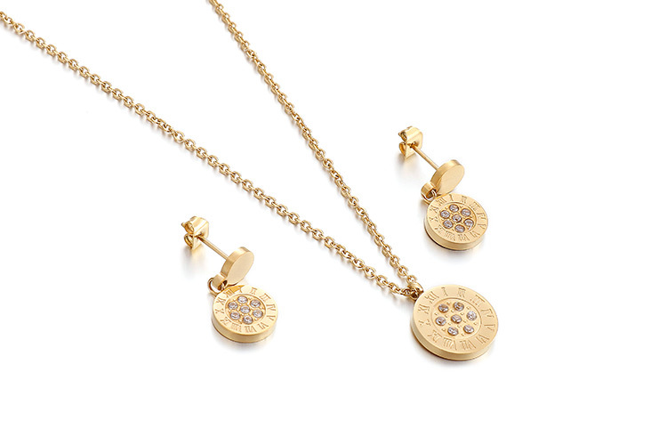 wholesale fashion geometric diamond pendant titanium steel earrings necklace set Nihaojewelry