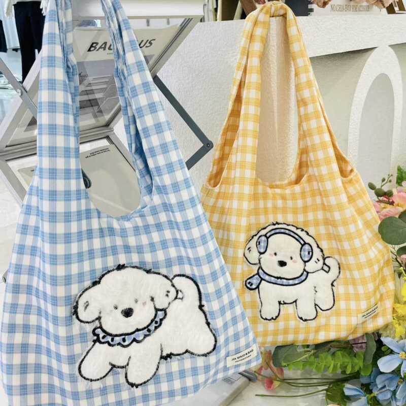 2025 New Cute Plaid Puppy Shoulder Bag Korean Style Lazy Style Large Capacity Daily Commuting Canvas Bag