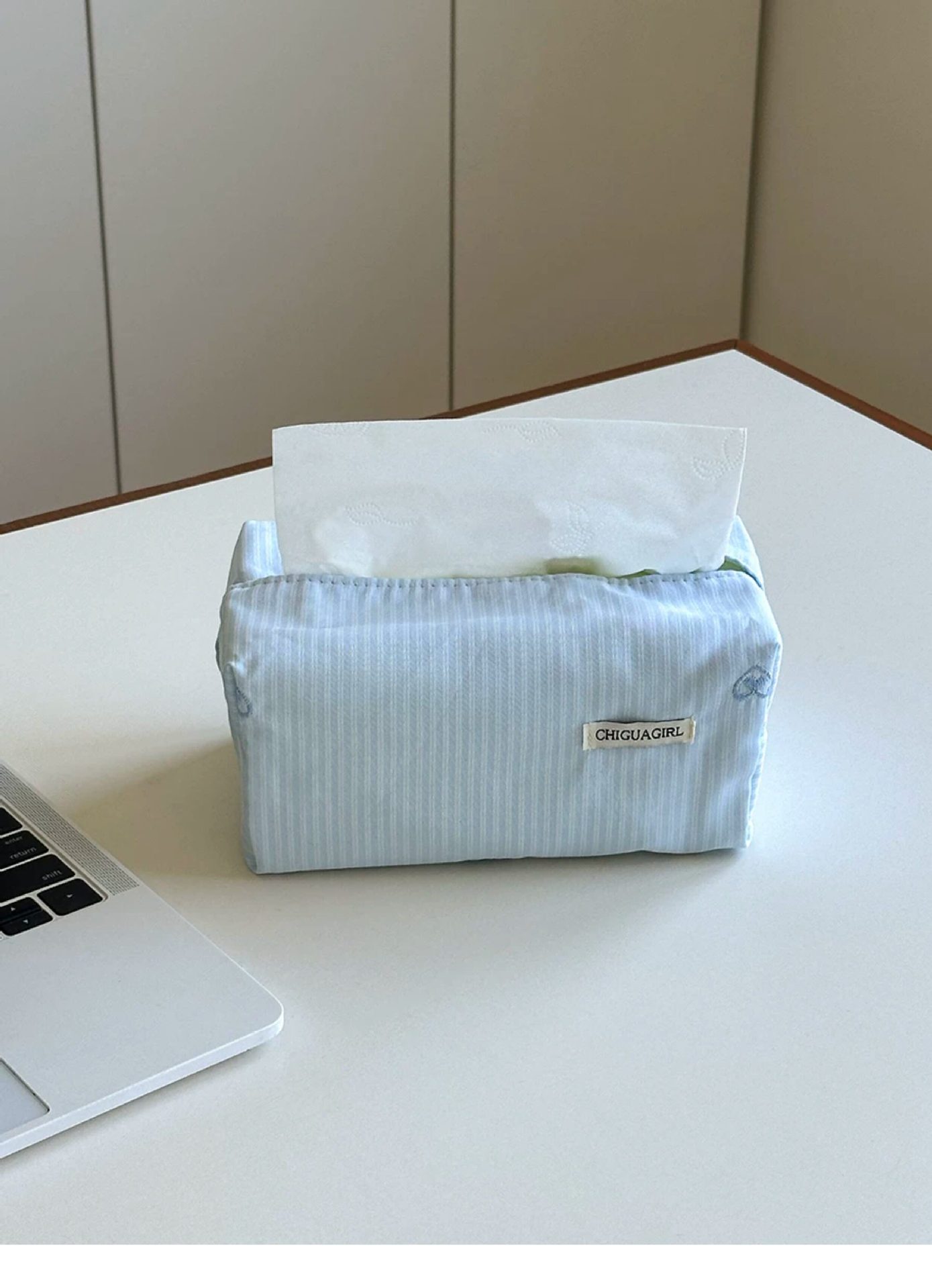 Korean-Style Blue Striped Tissue Box Fabric Tissue Cover with Simple Embroidery, High-End Feel, Desktop Decoration Ornament