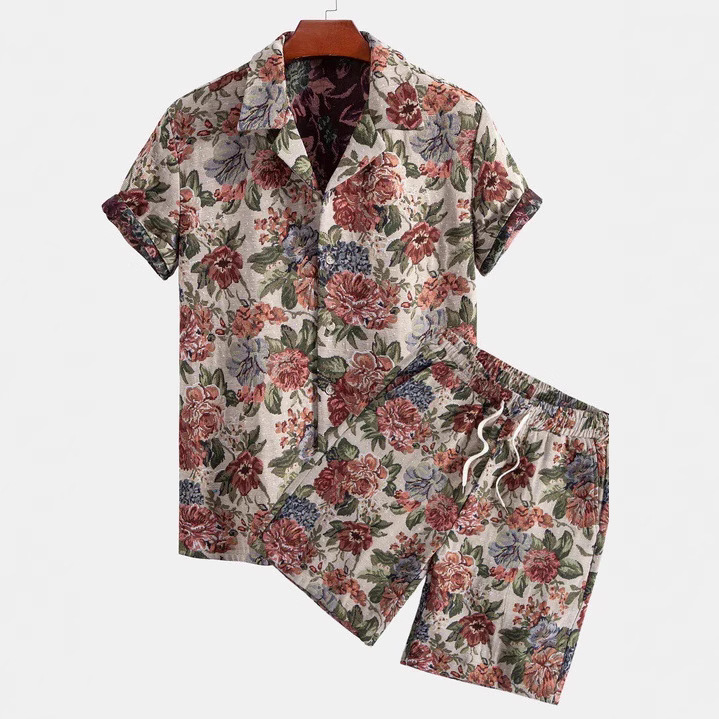 Summer 3D Digital Printed Shirt Men's Beach Pants Leisure Holiday Hong Kong Style Skin-Friendly Casual Sports Suit Ready for Sale