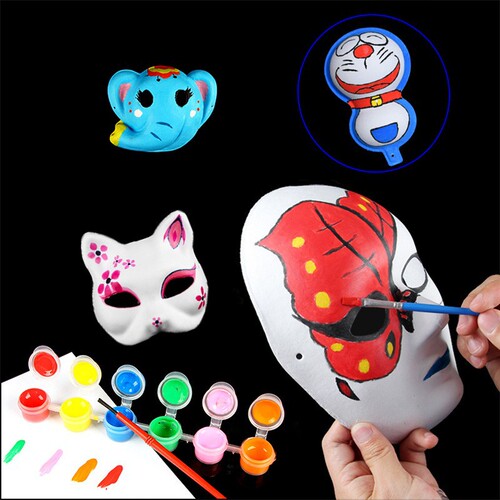 DIY Handmade Paper Mache Face Mask Blank for Kids Hand Drawing White Painting Cartoon Party Rivet Style Wholesale