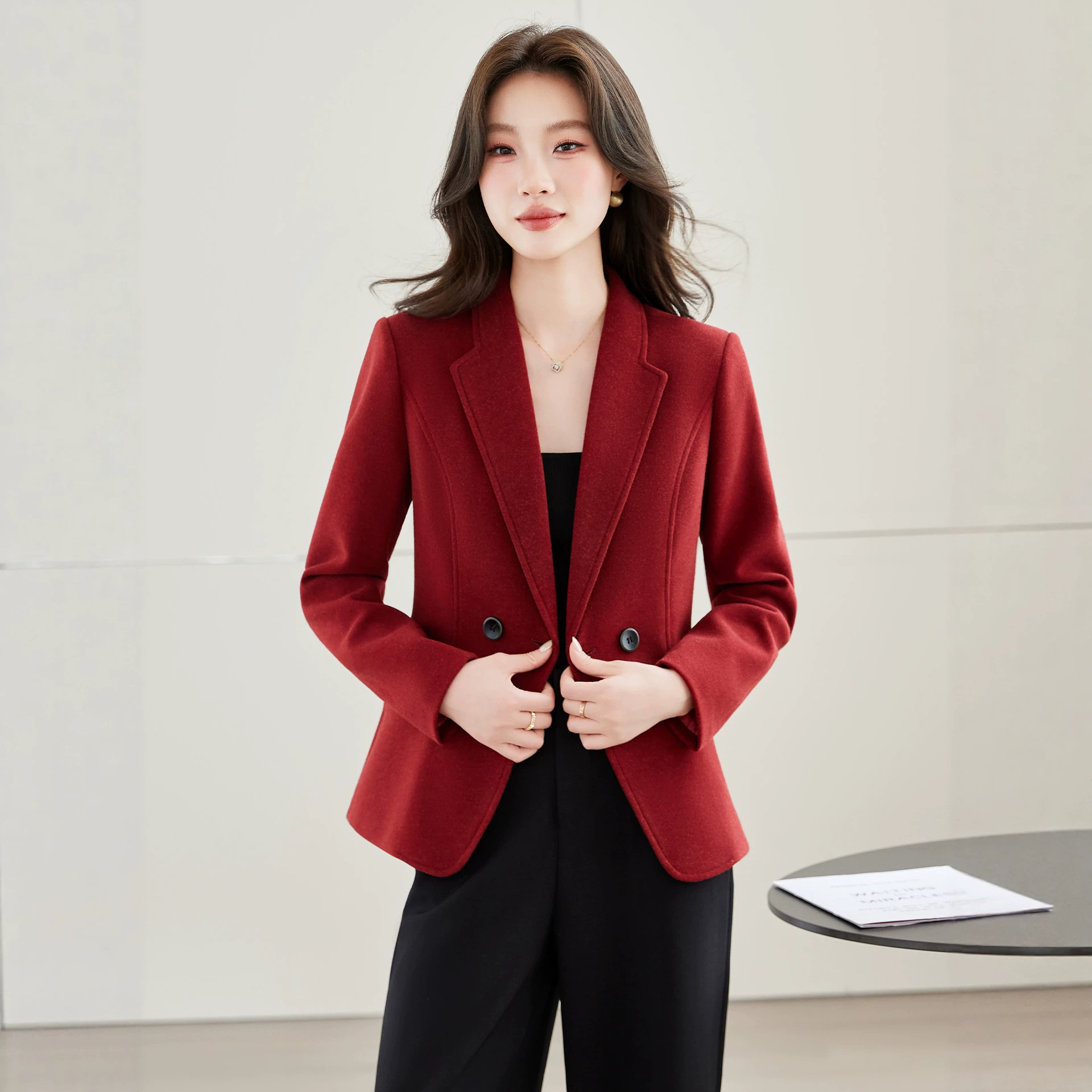 Women's Red Wool Suit Jacket, 2026 Autumn New Style, Double-breasted, Korean Style, Elegant, Versatile, Slimming, Casual Suit