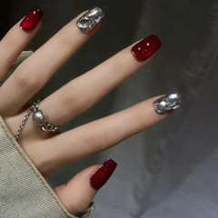 [30 Pieces] Premium White Cherry Red Quartz Cat's Eye Wearable Nails, Flashing Bridal Nail Art Tablets, Fake Nails