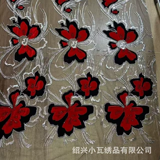 欧美玫红色时尚植绒重工珠管绣绒布蕾丝连衣裙演出服旗袍礼服面料