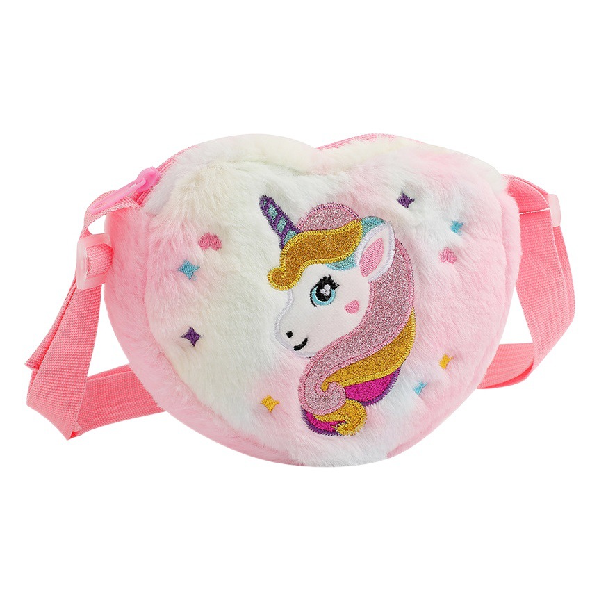 Children's Heart-shaped Unicorn Cartoon Shoulder Bag Plush Love Messenger Bag Kindergarten Girls Candy Storage Bag