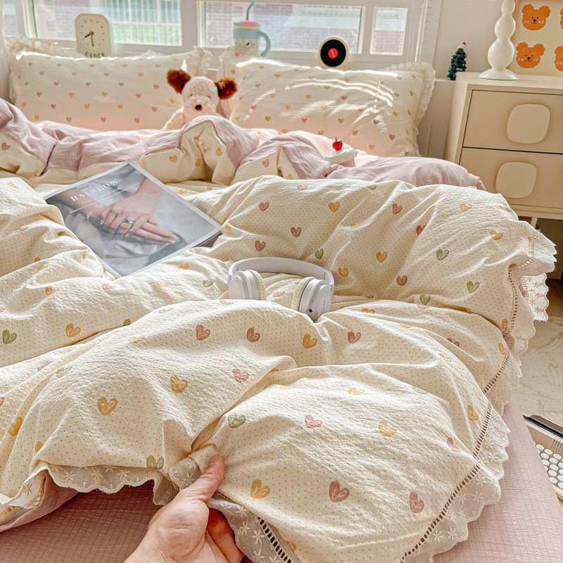 Un juego de cuatro piezas de cama de algodón puro de doble capa 2025 nuevo juego de sábanas de algodón de tres piezas de edredón dormitorio de estudiantes verano 4
