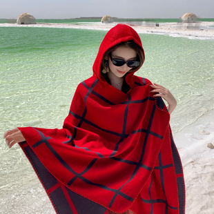 Autumn and Winter new versatile travel shawl thickened warm knitted outer wear Dali Lijiang ethnic style hat Cape