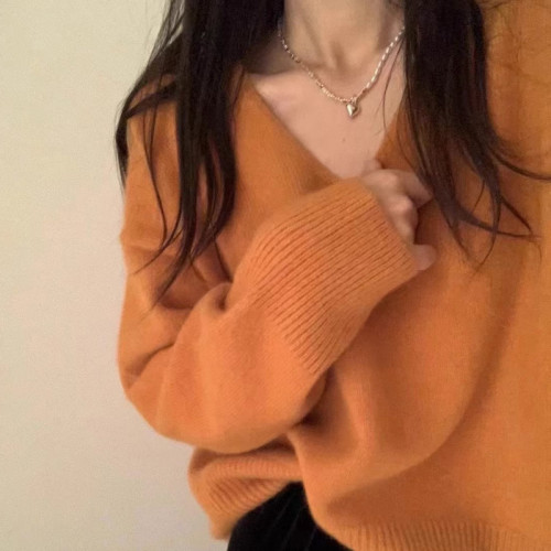 YUNSHU仿浣熊软糯V领针织衫内搭女秋冬宽松慵懒毛衣套头打底上衣