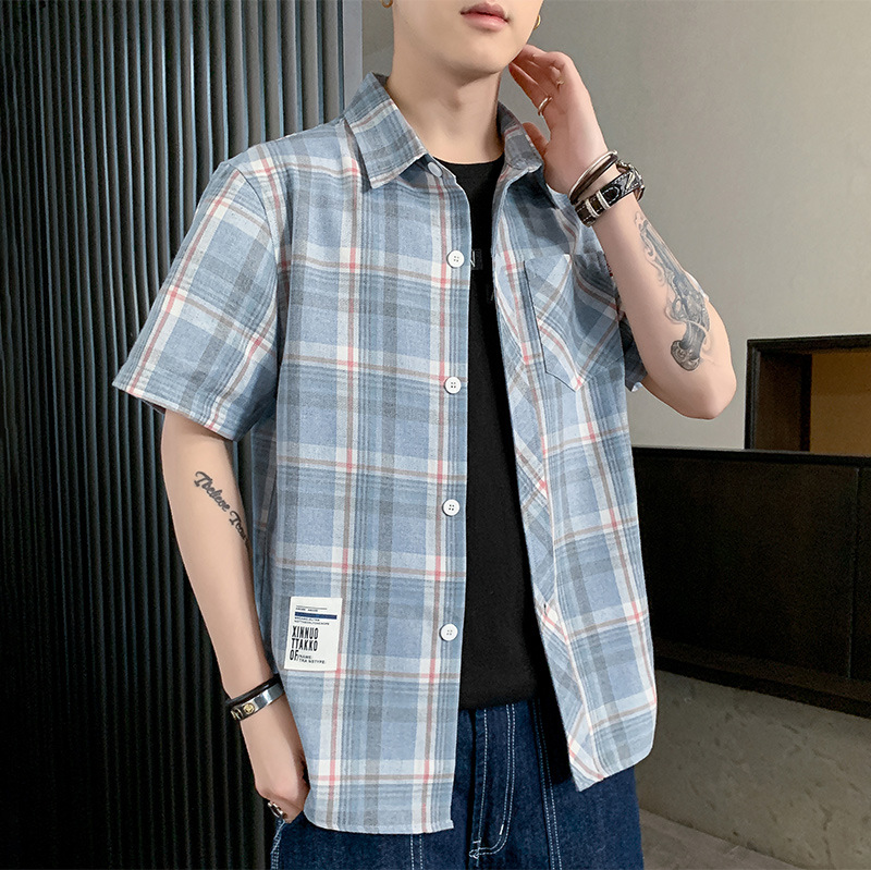 格子短袖衬衫男士夏季新款潮牌港风休闲衬衣男宽松五分袖寸衫外套|ms