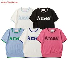 韩国潮牌Ames字母纯色春夏针织衫短款ins少女款小个子短袖上衣潮