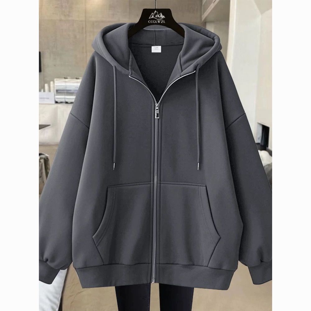 保暖时尚简约纯色开衫卫衣男2025秋冬加绒加厚连帽宽松上衣女外套
