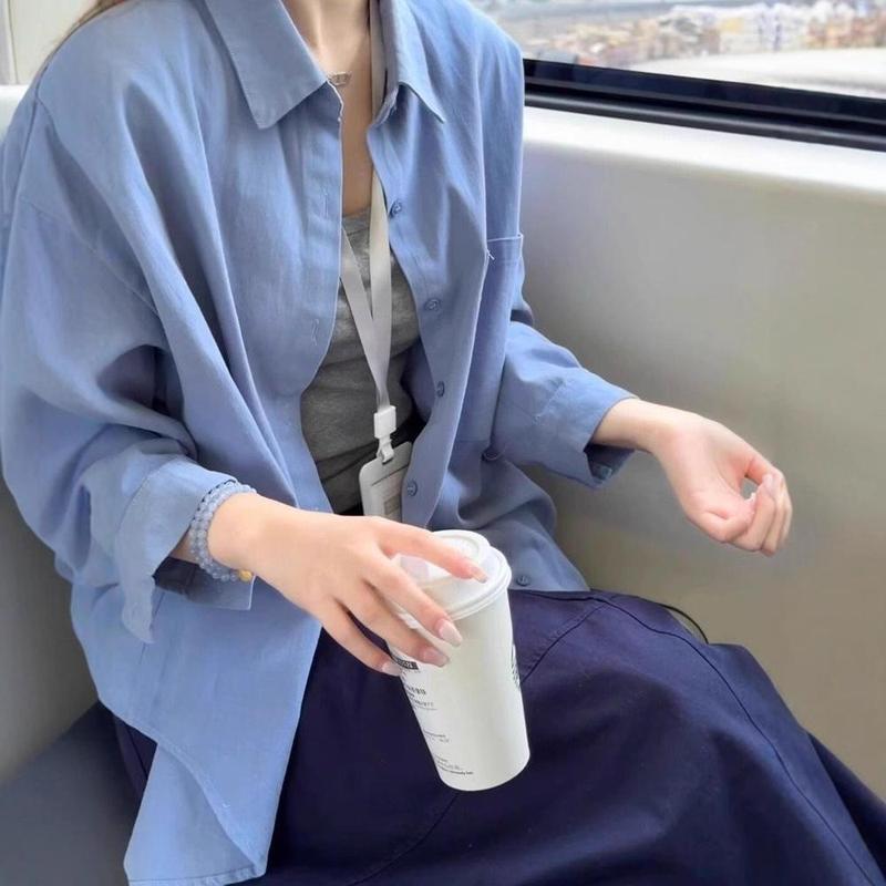 纯棉蓝色衬衫女秋季现款高级感宽松休闲百搭显瘦通勤衬衣外套上衣|undefined