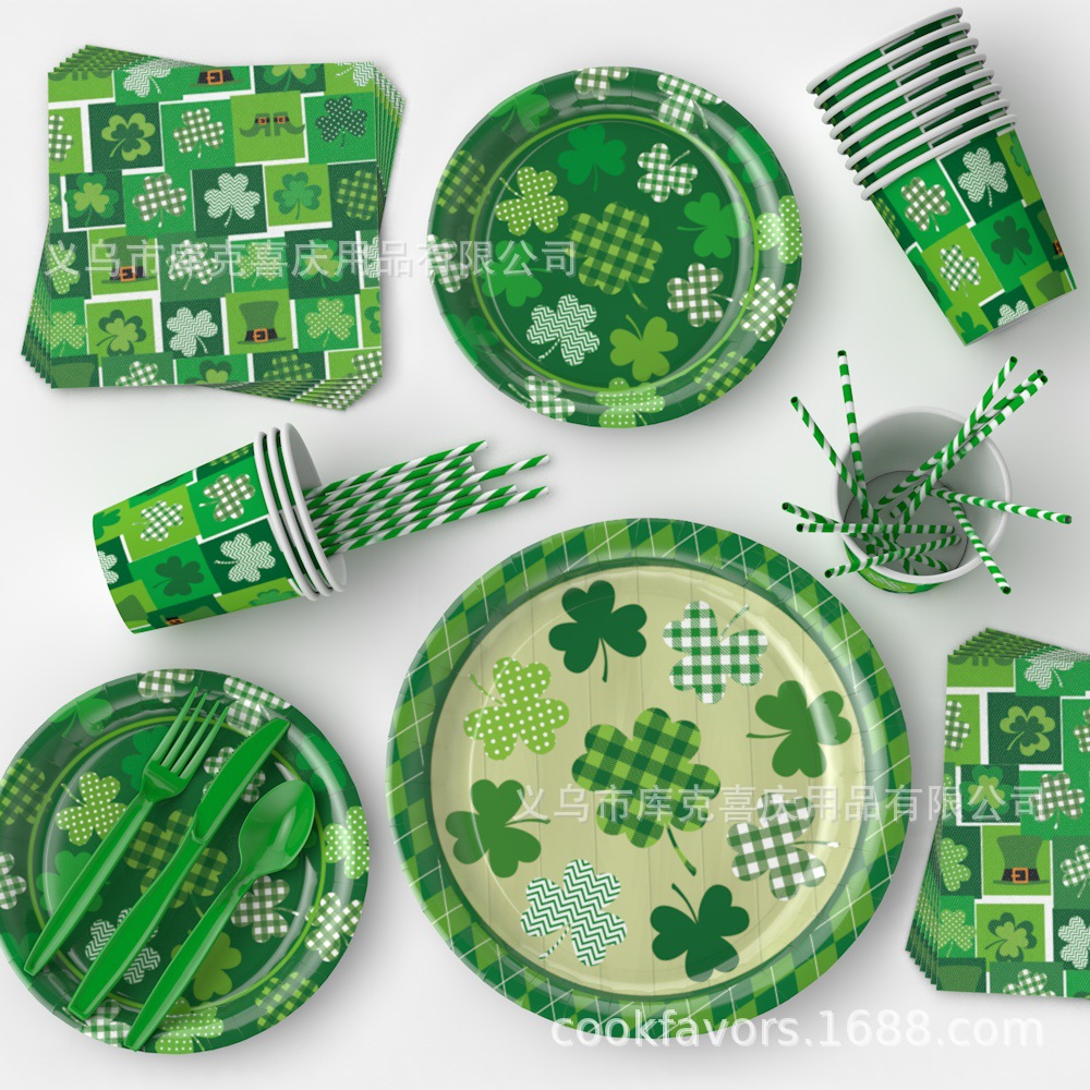 Decoración transfronteriza del día de San Patricio con tema de trébol bandeja de papel desechable tazas de papel toallas de papel set de cubiertos