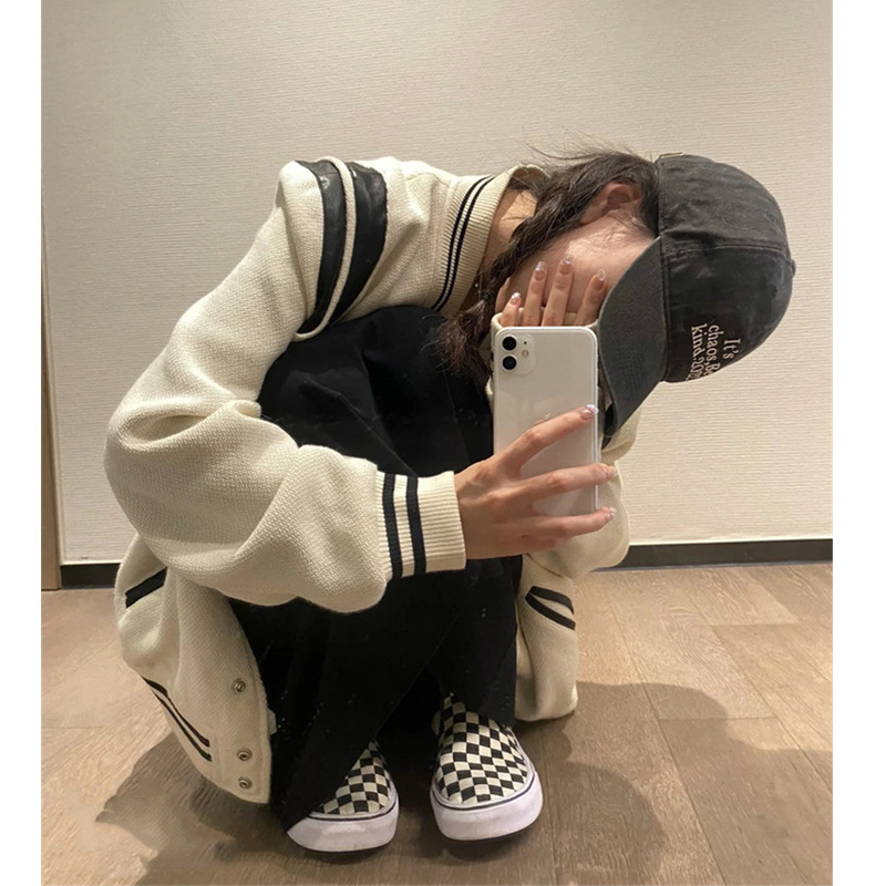 Black and White Contrasting Color Stitching Small Fragrant Baseball Jacket Women's Autumn and Winter New Thickeneded Woolen Pu Leather Jacket Top