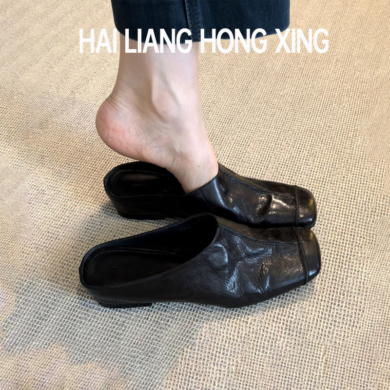Sheepskin Version ~ Baotou Half Slippers Women's Outer Wearing New Interior Height-raising Genuine Leather Sandals French Retro Lazy Muller Shoes