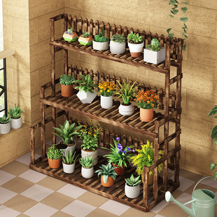 New Chinese Style Balcony Carbonized Flower Rack with Wheeled Movable Outdoor Multi-Layer Stepped Flower Rack Storage Rack Plant Climbing Rack