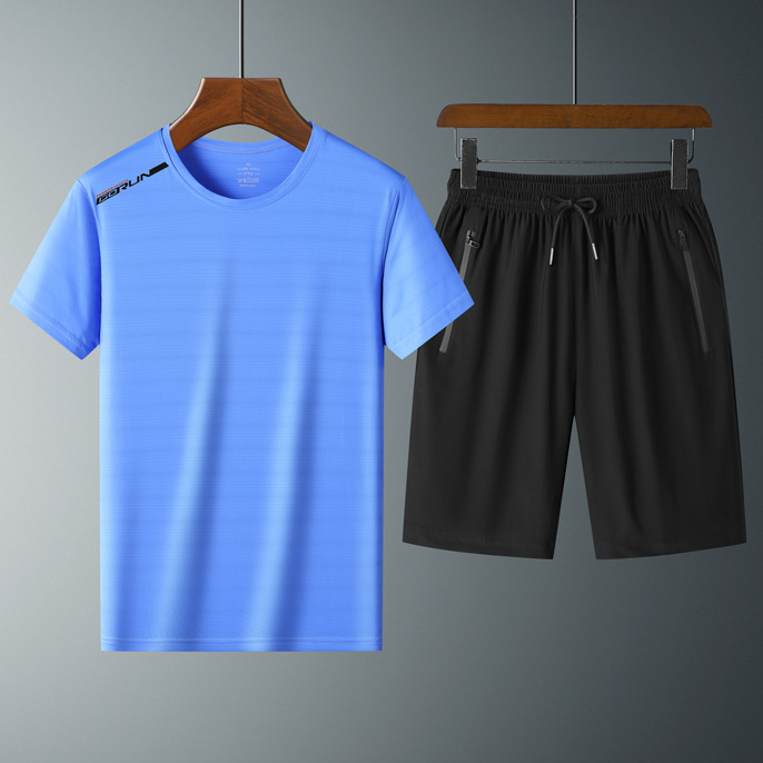 Ropa de verano de secado rápido traje de manga corta deportiva para hombres talla grande Camiseta de seda de hielo pantalones de estudiante traje de tres piezas