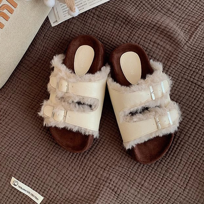 Madre de uva ~ doble botón con una parte inferior gruesa perezosa de dedos de pelo abiertos zapatillas de invierno para mujeres