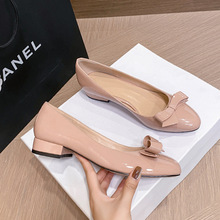 裸色高跟鞋女2025年秋冬新款圆头鞋仙女风蝴蝶结浅口平底通勤单鞋