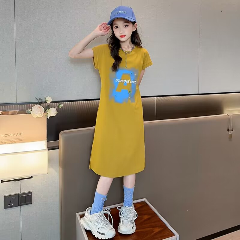 Vestido de las niñas vestido de verano 2023 nuevo estilo coreano estilo occidental falda de los niños verano camiseta falda niña Falda recta