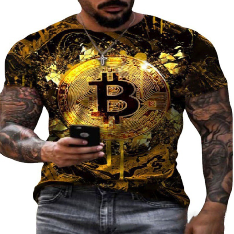 22 Cross-border European and American Foreign Trade Summer Casual Fashion Personality Bitcoin Printing Short-sleeved Round Neck T-shirt Men