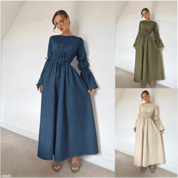 2025 Autumn/Winter Pleated Lace-Up Cuffs Extra-Long Lantern Sleeves Flowing Hem Casual Loose Long-Sleeve Dress