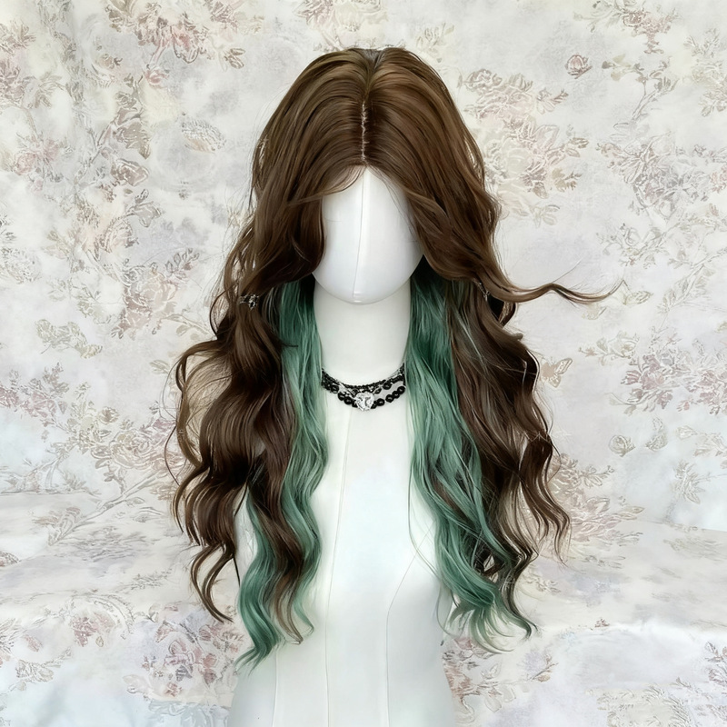 Wig for Women Hand-Woven Lace Autumn and Winter Medium-Parted Long Curly Hair Mint Chocolate Color Lazy Gradient Water Ripple Full Headgear