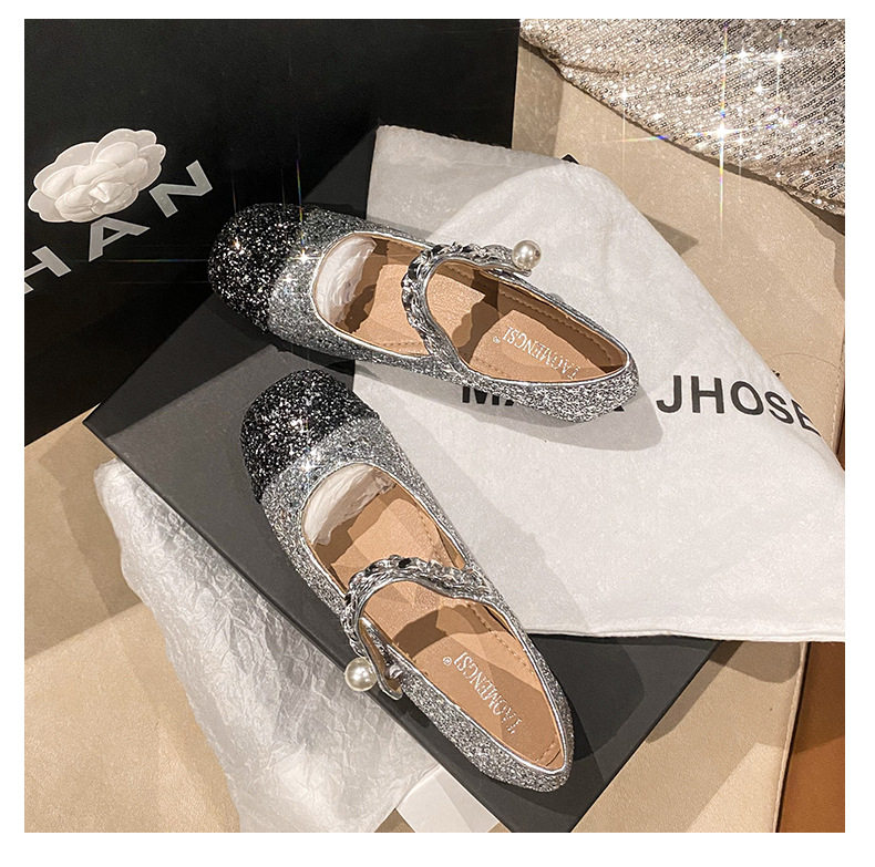 Giày Mary Jane nữ mũi vuông đế bằng phối màu ngọc trai, gót thấp 1–3 cm — Bạc phối đen, Đen bạc, Đen trắng chi tiết 32