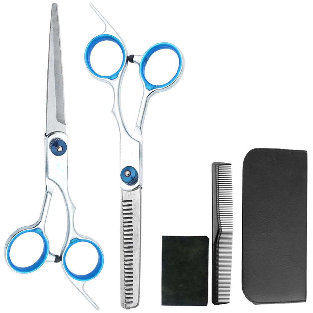 Un conjunto completo de tijeras de corte de pelo al por mayor, tijeras de dientes delgadas profesionales, tijeras planas de reparación de cabello, tijeras para el hogar, fabricantes de herramientas de tijeras para el cabello