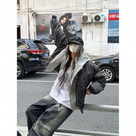 假两件连帽棉衣外套女冬季韩系复古时尚高级感棒球服宽松加厚棉服