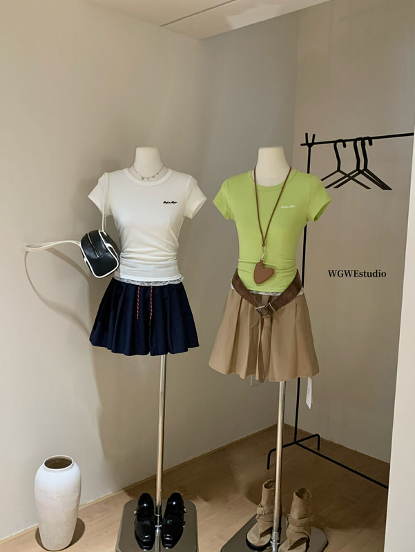 WGWE フレンチデザイン感スリムフィットラウンドネック半袖Tシャツレディース夏新作セクシーショートトップスW6087|undefined