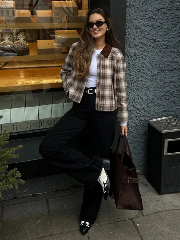 时尚复古风格子翻领拉链夹克短外套女2025跨境欧美风新款女装批发|undefined